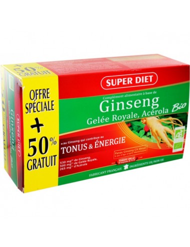Superdiet Complexe Ginseng - Gelée Royale - Acérola Bio 30 Ampoules de 15ml