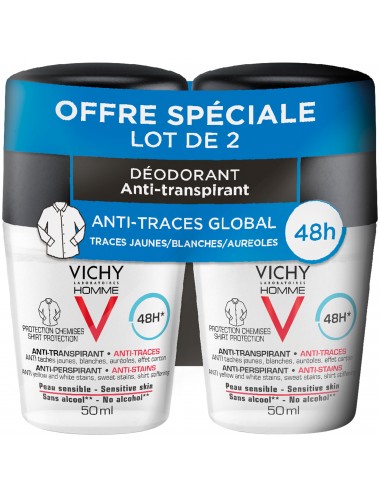 Vichy LOT*2 Homme Déodorant Bille 48H Anti-Transpirant Anti-Traces Protection Chemise 2 x 50 ml