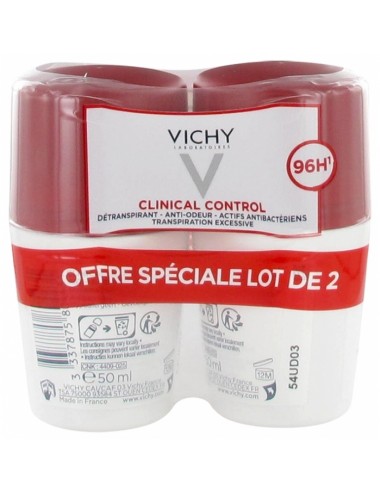 Vichy Déodorant 96H Clinical Control Détranspirant Anti-Odeur Roll-On Lot de 2 x 50ml