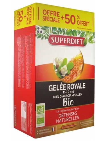 Superdiet Gelée Royale Miel d'Acacia Pollen Bio 20 Ampoules + 10 Ampoules Offertes