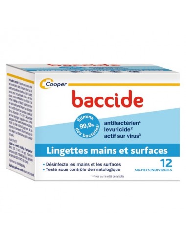 Baccide Lingettes Mains et Surfaces 12 lingettes individuelles