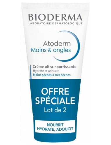 Bioderma Atoderm Crème mains & ongles Ultra Nourrissante pour mains sèches abîmées Lot de 2 x 50ml