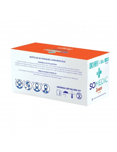 Masques Chirurgicaux Junior Enfants 6 à 12 ans - Blancs - Type IIR - Boite de 50