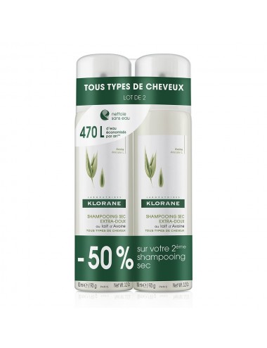 Klorane Shampooing sec au lait d'avoine Tous Types de Cheveux 2x150ml
