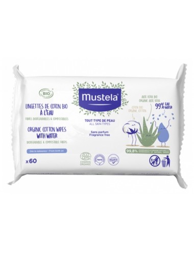 Mustela Lingettes de Coton Bio à l'Eau 60 Lingettes