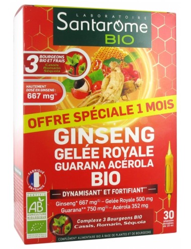 Santarome Bio Ginseng Gelée Royale Guarana Acérola Bio 30 Ampoules