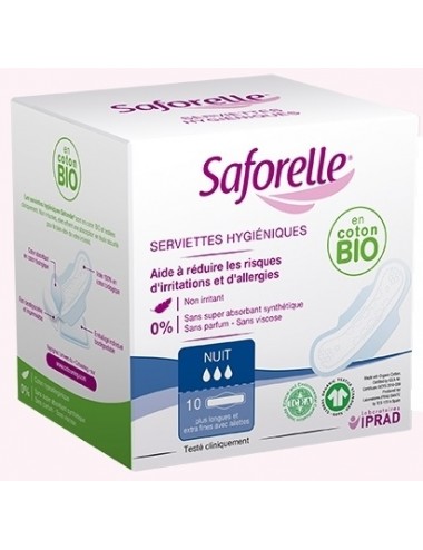 Saforelle Serviettes Hygiéniques Nuit en coton Bio x10