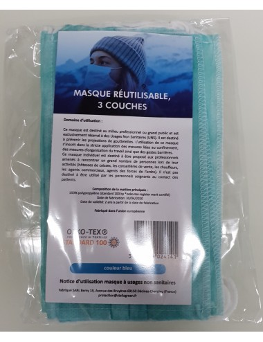Masques réutilisables Bleu - Lavables 20 fois - Lot de 5